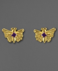 These beautiful little butterflies clasp deep purple amethyst accents for an extraordinary hint of color. In 14k gold. These beautiful little butterflies clasp deep purple amethyst accents for an extraordinary hint of color. In 14k gold.