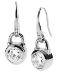 Locks to love. This pair of drop earrings from Michael Kors is crafted from silver ion-plated steel with glass crystal adding a sparkling touch to the padlock motif. Approximate drop: 1 inch. Locks to love. This pair of drop earrings from Michael Kors is crafted from silver ion-plated steel with glass crystal adding a sparkling touch to the padlock motif. Approximate drop: 1 inch.