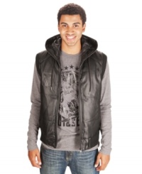 Look the part of high-rolling style maven with this faux-leather hooded vest. Look the part of high-rolling style maven with this faux-leather hooded vest.