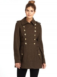 THE LOOKEpaulettes at shouldersButton closurePiping faux leather trimDual flap pocketsTHE FITAbout 29 from shoulder to hemTHE MATERIALBody: wool/viscoseTrim: polyurethaneFully linedCARE & ORIGINDry cleanImportedModel shown is 5'9 (175cm) wearing US size Small. THE LOOKEpaulettes at shouldersButton closurePiping faux leather trimDual flap pocketsTHE FITAbout 29 from shoulder to hemTHE MATERIALBody: wool/viscoseTrim: polyurethaneFully linedCARE & ORIGINDry cleanImportedModel shown is 5'9 (175cm) wearing US size Small.