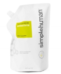 Clean up your act-refill your simplehuman sensor pump with antibacterial dermatologist-tested soap & keep hands healthy and the earth happy. A luxurious, biodegradable foaming soap made with non-irritating ingredients and enriched with aloe and cucumber soothes skin and kisses germs goodbye. Clean up your act-refill your simplehuman sensor pump with antibacterial dermatologist-tested soap & keep hands healthy and the earth happy. A luxurious, biodegradable foaming soap made with non-irritating ingredients and enriched with aloe and cucumber soothes skin and kisses germs goodbye.