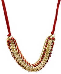 Red hot and totally fabulous. FALCHI by Falchi's crimson frontal necklace combines an intricate woven design with bright red suede. Mesh accents and clasp crafted in gold tone mixed metal. Approximate length: 36 inches. Red hot and totally fabulous. FALCHI by Falchi's crimson frontal necklace combines an intricate woven design with bright red suede. Mesh accents and clasp crafted in gold tone mixed metal. Approximate length: 36 inches.