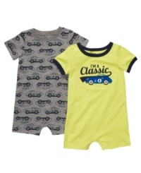 Get your future car aficionado's motor running in one of these rompers from Carters. Short sleeves and a snap bottom make it easy for a quick change too. Get your future car aficionado's motor running in one of these rompers from Carters. Short sleeves and a snap bottom make it easy for a quick change too.