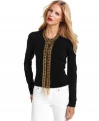 Shiny chain details make a dazzling addition to the front placket of this zip-front cardigan by MICHAEL Michael Kors. Shiny chain details make a dazzling addition to the front placket of this zip-front cardigan by MICHAEL Michael Kors.