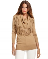 MICHAEL Michael Kors puts a western-inspired spin on the cowlneck sweater by adding a luxe layer of fringe. MICHAEL Michael Kors puts a western-inspired spin on the cowlneck sweater by adding a luxe layer of fringe.