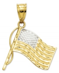 True patriotism. This polished 14k gold and sterling silver flag features the script: God Bless America on the reverse side. Chain not included. Approximate length: 1 inch. Approximate width: 7/10 inch. True patriotism. This polished 14k gold and sterling silver flag features the script: God Bless America on the reverse side. Chain not included. Approximate length: 1 inch. Approximate width: 7/10 inch.