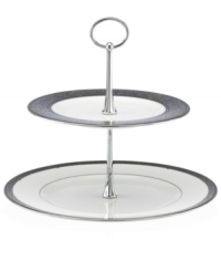 Echoing the style of the sophisticated art deco era, the Vintage Jewel 2-tier server from Lenox evokes a more gracious time. The eclectic look combines pure white bone china with an elegant design in muted metallics. Echoing the style of the sophisticated art deco era, the Vintage Jewel 2-tier server from Lenox evokes a more gracious time. The eclectic look combines pure white bone china with an elegant design in muted metallics.