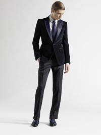 An elegantly-tailored formal look is designed with slim legs and tonal stain trim at the waist and down the leg. Zip fly Side slash pockets Back welt pockets Rayon Dry clean Made in Italy An elegantly-tailored formal look is designed with slim legs and tonal stain trim at the waist and down the leg. Zip fly Side slash pockets Back welt pockets Rayon Dry clean Made in Italy