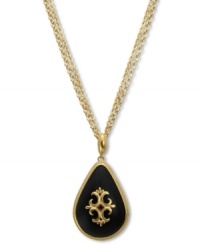 Drops of jet-black elegance. T Tahari's necklace showcases an heirloom-inspired pendant with jet resin cabochon beads with crystal accents and golden detail. Crafted in 14k gold-plated mixed metal. Nickel-free for sensitive skin. Approximate length: 18 inches + 3-inch extender. Approximate drop: 3-1/2 inches.