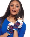 Ski lodge chic. Warm your hands with these cozy Fair Isle pattern mittens from Isotoner that feature a convenient flip top design and leather patch at palms