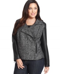 Rev up your fall looks with Calvin Klein's plus size motorcycle jacket, accented by faux leather detail. Rev up your fall looks with Calvin Klein's plus size motorcycle jacket, accented by faux leather detail.