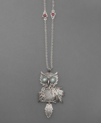 Captivating and beautiful, this Lucky Brand owl pendant features a mixed metal mesh owl with haunting green eyes. Delicate chain features colored disc details. Approximate length: 17 inches with 2-inch extension. Approximate drop: 2-1/2 inches. Captivating and beautiful, this Lucky Brand owl pendant features a mixed metal mesh owl with haunting green eyes. Delicate chain features colored disc details. Approximate length: 17 inches with 2-inch extension. Approximate drop: 2-1/2 inches.