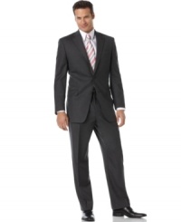 Simplicity, style, and sophistication all at once, in a traditional charcoal color with an edge that is unmistakably modern. Two-button closure jacket features a notched lapel, two front flap pockets, front welt pocket, three inside slit pockets and four-button cuff detail. Pleated pant features back slit pockets and a slimming fit for extra versatility. Simplicity, style, and sophistication all at once, in a traditional charcoal color with an edge that is unmistakably modern. Two-button closure jacket features a notched lapel, two front flap pockets, front welt pocket, three inside slit pockets and four-button cuff detail. Pleated pant features back slit pockets and a slimming fit for extra versatility.
