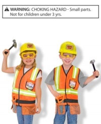 Work zone ahead! Your little construction worker will be ready for the job with this bright orange, machine-washable, vest high-lighted with reflective material and a tool belt, a yellow hard hat, goggles, a hammer, a saw, and a name tag for personalizing. Work zone ahead! Your little construction worker will be ready for the job with this bright orange, machine-washable, vest high-lighted with reflective material and a tool belt, a yellow hard hat, goggles, a hammer, a saw, and a name tag for personalizing.