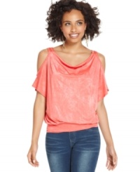 Shoulder cutouts and a slouchy-cool fit make this printed top from BCX a cute style pick for hanging with the girls! Shoulder cutouts and a slouchy-cool fit make this printed top from BCX a cute style pick for hanging with the girls!