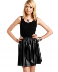 Rock the season's biker-tough trend! BeBop's classic, a-line dress is made modern by a faux-leather skirt. Rock the season's biker-tough trend! BeBop's classic, a-line dress is made modern by a faux-leather skirt.