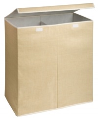 Double the ease! Two compartments are the perfect solution for sorting and storing all of your laundry. A natural-looking design blends right into its surroundings and features a convenient lid, so you aren't always airing your dirty laundry. Double the ease! Two compartments are the perfect solution for sorting and storing all of your laundry. A natural-looking design blends right into its surroundings and features a convenient lid, so you aren't always airing your dirty laundry.