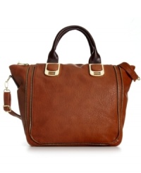 Leave it to Steve Madden to come with an edgy, elegant way to update a classic satchel silhouette. Gleaming golden hardware, eye-catching zipper detailing and contrast handles give interest to the outside, while the spacious interior is outfitted with pockets for PDA, wallet, keys and other valuables. Leave it to Steve Madden to come with an edgy, elegant way to update a classic satchel silhouette. Gleaming golden hardware, eye-catching zipper detailing and contrast handles give interest to the outside, while the spacious interior is outfitted with pockets for PDA, wallet, keys and other valuables.