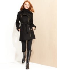Gold-tone exposed zippers and an asymmetrical front closure adds on-trend style to this timeless MICHAEL Michael Kors trench coat! Gold-tone exposed zippers and an asymmetrical front closure adds on-trend style to this timeless MICHAEL Michael Kors trench coat!