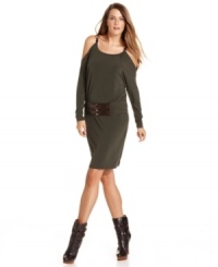 MICHAEL Michael Kors' dress features chic shoulder cutouts and a drop-waist removable belt for a look that's sure to be stunning wherever you wear it. MICHAEL Michael Kors' dress features chic shoulder cutouts and a drop-waist removable belt for a look that's sure to be stunning wherever you wear it.