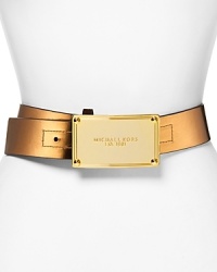 This MICHAEL Michael Kors belt contours your look with the brand's emblem, finished in a bold plaque buckle.