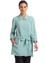 Rich, textured silk in a casually elegant design with a dazzling button at the collar.Point collar with bejeweled button Concealed button front Long sleeves with belted cuffs Drawstring waist Dual flap pockets Tie-belt at waist About 33½ from shoulder to hem Silk Dry clean Made in Italy Rich, textured silk in a casually elegant design with a dazzling button at the collar.Point collar with bejeweled button Concealed button front Long sleeves with belted cuffs Drawstring waist Dual flap pockets Tie-belt at waist About 33½ from shoulder to hem Silk Dry clean Made in Italy