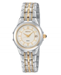 A beautiful silvertone bracelet with refined goldtone accents gives this women's watch from Seiko sophisticated charm. Stainless steel bracelet and round case. White round dial with textured center, goldtone markers, logo and date display. Quartz movement. Water resistant to 50 meters. Three-year limited warranty. A beautiful silvertone bracelet with refined goldtone accents gives this women's watch from Seiko sophisticated charm. Stainless steel bracelet and round case. White round dial with textured center, goldtone markers, logo and date display. Quartz movement. Water resistant to 50 meters. Three-year limited warranty.