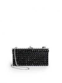 THE LOOKRemovable shoulder chainRectangular shapeEncrusted with jet black caviar Austrian crystalsPush-lock clasp closureInside logo detailTHE MEASUREMENTRemovable shoulder chain, 9 drop6W X 3H X 1¼DTHE MATERIALAustrian crystalsMetal boxMetallic leather liningORIGINImported THE LOOKRemovable shoulder chainRectangular shapeEncrusted with jet black caviar Austrian crystalsPush-lock clasp closureInside logo detailTHE MEASUREMENTRemovable shoulder chain, 9 drop6W X 3H X 1¼DTHE MATERIALAustrian crystalsMetal boxMetallic leather liningORIGINImported