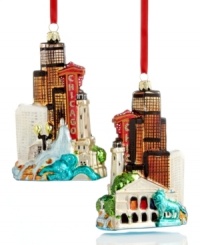 Kurt Adler offers holiday decor with hometown spirit in the Chicago Cityscape ornament, featuring the Windy City's famous skyline in sparkling glass. Shown front and back. Kurt Adler offers holiday decor with hometown spirit in the Chicago Cityscape ornament, featuring the Windy City's famous skyline in sparkling glass. Shown front and back.