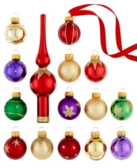 Take your tree from bare to brilliant with one set of Kurt Adler Christmas ornaments. A red tree topper and miniature glass balls in a mix of colors and patterns put together a dazzling display. Take your tree from bare to brilliant with one set of Kurt Adler Christmas ornaments. A red tree topper and miniature glass balls in a mix of colors and patterns put together a dazzling display.
