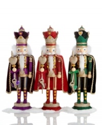 Find the key to the king's heart in this brilliant wooden nutcracker from Kurt Adler. Shining in head-to-toe glitter with golden accents and a coordinating cape, each demonstrates a love of holiday splendor. Find the key to the king's heart in this brilliant wooden nutcracker from Kurt Adler. Shining in head-to-toe glitter with golden accents and a coordinating cape, each demonstrates a love of holiday splendor.
