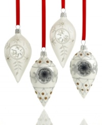 Go with the snow. Drop ornaments featuring glittery accents and sparkling reflectors capture the natural wonder of the season in frosted glass. By Kurt Adler. Go with the snow. Drop ornaments featuring glittery accents and sparkling reflectors capture the natural wonder of the season in frosted glass. By Kurt Adler.