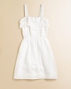 Your little angel will look like one in this ethereal frock with ruffled bodice, muted stripes and a classic A-line hem.SquareneckSleevelessPullover styleElastic waist98% cotton/2% polyesterMachine washImported