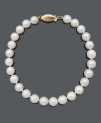 The gift to last a lifetime. This beautiful pearl bracelet features A+ Akoya cultured pearls (6-6-1/2 mm) with a 14k gold clasp. Approximate length: 7-1/2 inches. The gift to last a lifetime. This beautiful pearl bracelet features A+ Akoya cultured pearls (6-6-1/2 mm) with a 14k gold clasp. Approximate length: 7-1/2 inches.