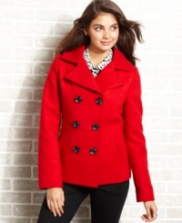 A classic style for colder months, this pea coat from American Rag features streamlined seam design and cute, hooded style. A classic style for colder months, this pea coat from American Rag features streamlined seam design and cute, hooded style.