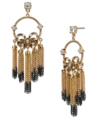 Take a bow. Betsey Johnson's drop earrings feature dangling chains in two-tone to create a stunning appearance. With crystal accents and rope bow accent. Crafted in gold tone and hematite tone mixed metal. Approximate drop: 3 inches. Take a bow. Betsey Johnson's drop earrings feature dangling chains in two-tone to create a stunning appearance. With crystal accents and rope bow accent. Crafted in gold tone and hematite tone mixed metal. Approximate drop: 3 inches.