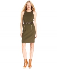 MICHAEL Michael Kors renders a classic sheath silhouette in a stretch fabric and finishes this sleek look with a removable belt. Pair with nude heels for perfection this season! MICHAEL Michael Kors renders a classic sheath silhouette in a stretch fabric and finishes this sleek look with a removable belt. Pair with nude heels for perfection this season!