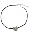 Romance on the line. A heart pendant embellished with pave stones dangles from a rich leather cord on this darling GUESS necklace. Crafted in silver tone mixed metal with a jet leather cord. Approximate length: 16 inches + 2-inch extender. Approximate drop: 1/2 inch.