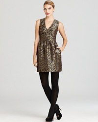 This vintage-inspired Tegan dress flaunts a chic, ladylike silhouette, enriched with a golden metallic-kissed animal print that's party purr-fect. This vintage-inspired Tegan dress flaunts a chic, ladylike silhouette, enriched with a golden metallic-kissed animal print that's party purr-fect.