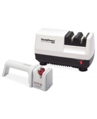 A 2-stage sharpener with 100% diamond abrasives and convenient, patented bi-level magnetic guides for ease of use totally transforms you kitchen knives taking them from dull & used to good as new. Including a bonus diamond-hone serrated knife sharpener, this duo rejuvenates every knife on the block. 1-year warranty. Model M300. A 2-stage sharpener with 100% diamond abrasives and convenient, patented bi-level magnetic guides for ease of use totally transforms you kitchen knives taking them from dull & used to good as new. Including a bonus diamond-hone serrated knife sharpener, this duo rejuvenates every knife on the block. 1-year warranty. Model M300.