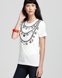 Leave your baubles at home when sporting this whimsical MARC BY MARC JACOBS tee that boldly flaunts three charming stacked necklaces on front. Leave your baubles at home when sporting this whimsical MARC BY MARC JACOBS tee that boldly flaunts three charming stacked necklaces on front.