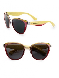 A retro-inspired, multicolored acetate and metal design that is sure to make a statement. Available in light blue, red and pink with grey gradient lens or pink, red and yellow with crystal green lens.Logo temples100% UV protectionMade in Italy A retro-inspired, multicolored acetate and metal design that is sure to make a statement. Available in light blue, red and pink with grey gradient lens or pink, red and yellow with crystal green lens.Logo temples100% UV protectionMade in Italy