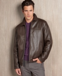 If classy and laid-back is the look you're going for, this leather jacket from Perry Ellis is your answer. If classy and laid-back is the look you're going for, this leather jacket from Perry Ellis is your answer.