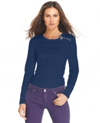MICHAEL Michael Kors adds a logo zipper to the left shoulder of this petite top for a shot of luxe! Pair with colored denim for an on-trend ensemble. MICHAEL Michael Kors adds a logo zipper to the left shoulder of this petite top for a shot of luxe! Pair with colored denim for an on-trend ensemble.