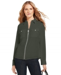 A classic piece gets a decidedly fresh look, from MICHAEL Michael Kors. This petite shirt features military-inspired details like a metal pull and zip-up front for an appealing edge! A classic piece gets a decidedly fresh look, from MICHAEL Michael Kors. This petite shirt features military-inspired details like a metal pull and zip-up front for an appealing edge!