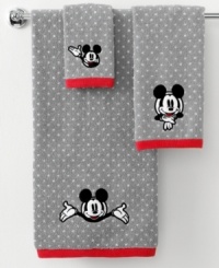 See you real soon! The ever-lovable Mickey Mouse steals the show in this bath towel from Disney, featuring a jacquard woven polka dot backdrop with an embroidered Mickey face. Finished with red trim. See you real soon! The ever-lovable Mickey Mouse steals the show in this bath towel from Disney, featuring a jacquard woven polka dot backdrop with an embroidered Mickey face. Finished with red trim.