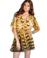 Make your look pop with warm colors and a fun print! Jessica Simpson's adorable A-line dress features beautiful kimono-sleeves and a sultry V-neckline at the back. Make your look pop with warm colors and a fun print! Jessica Simpson's adorable A-line dress features beautiful kimono-sleeves and a sultry V-neckline at the back.