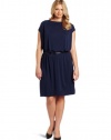 DKNYC Women's Plus-Size Matte Jersey Flutter Sleeve Dress with Faux Leather Belt