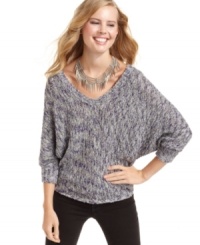Jessica Simpson proves that you don't have to sacrifice style for comfort! This marled knit sweater combines cool dolman sleeves with the cozy pullover style you love. Jessica Simpson proves that you don't have to sacrifice style for comfort! This marled knit sweater combines cool dolman sleeves with the cozy pullover style you love.