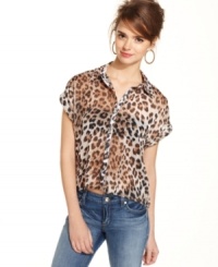 For style that's oh-so fierce, turn to Eyeshadow's animal-print button-down top: a savage spin on the season's favorite sheer blouse! For style that's oh-so fierce, turn to Eyeshadow's animal-print button-down top: a savage spin on the season's favorite sheer blouse!
